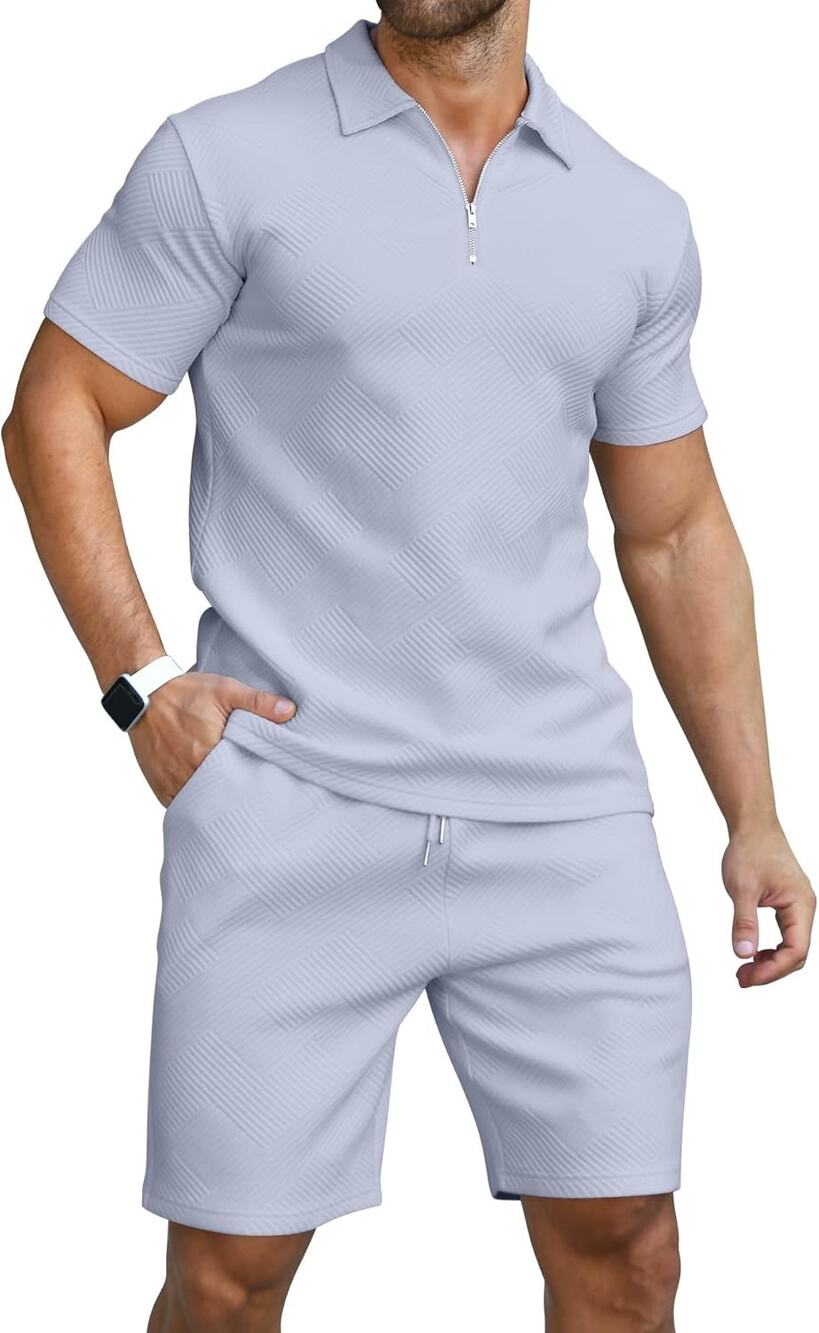 Kuyigo Powder Light Blue Collared Polo Shirt Shorts Track Suit Set Mens XL NEW